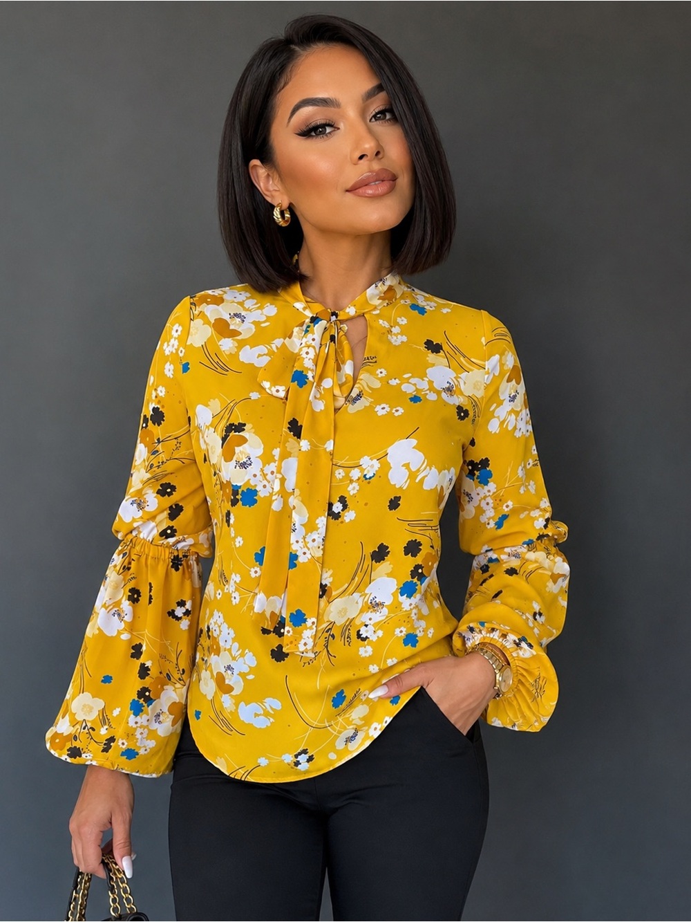Worthington Mustard Yellow Floral Tie-Neck Blouse